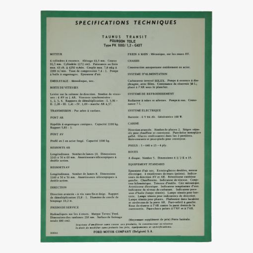 Afbeeldingen van specifications techniques taunus transit fourgon tole type fk 1000 ford motor company