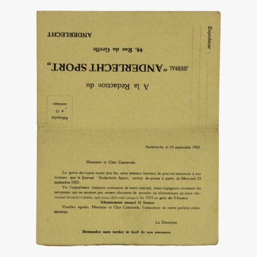 Afbeeldingen van aanvraag formulier voor dagblad anderlechtsport 1925